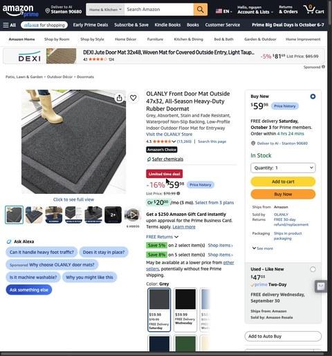 OLANLY Front Door Mat Outside 47x32, All-Season Heavy-Duty Rubber Doormat