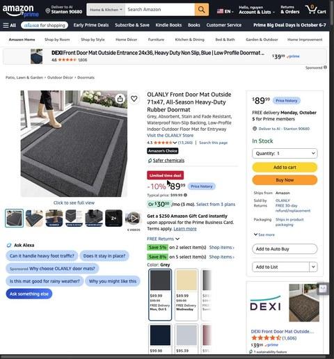 OLANLY Front Door Mat Outside 71x47, All-Season Heavy-Duty Rubber Doormat
