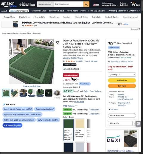 OLANLY Front Door Mat Outside 71x47, All-Season Heavy-Duty Rubber Doormat