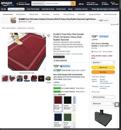 OLANLY Front Door Mat Outside 47x32, All-Season Heavy-Duty Rubber Doormat
