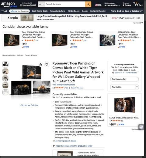RyounoArt Tiger Painting on Canvas Black and White Tiger Picture Print Wild Animal Artwork for Wall Decor Gallery Wrapped 16 * 24in*3pcs