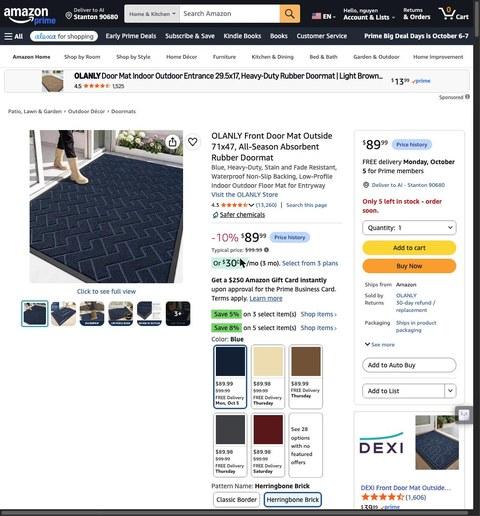 OLANLY Front Door Mat Outside 71x47, All-Season Absorbent Rubber Doormat