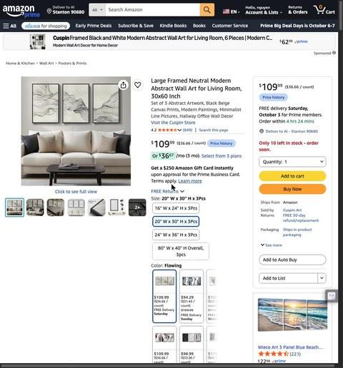 Large Framed Neutral Modern Abstract Wall Art for Living Room, 30x60 Inch