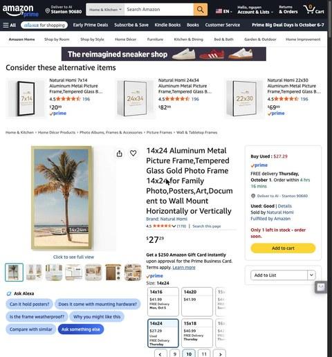 Natural Homi 14x24 Aluminum Metal Picture Frame,Tempered Glass Gold Photo Frame 14x24 for Family Photo,Posters,Art,Document to Wall Mount Horizontally or Vertically