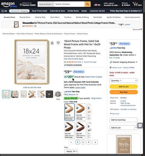 FLYJOE 18x24 Picture Frame, Solid Oak Wood Frame with Mat for 16x20 Photo