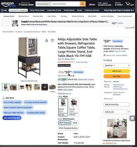 Aibiju Adjustable Side Table with Drawers, Refrigerator Table,Square Coffee Table, Large Printer Stand, End Table Black YD-TM156B