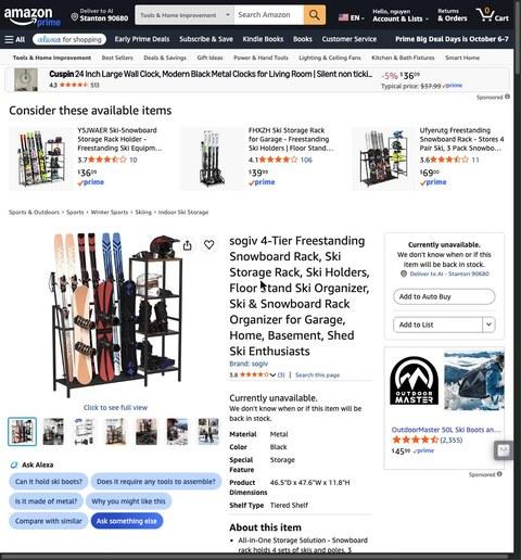 sogiv 4-Tier Freestanding Snowboard Rack, Ski Storage Rack, Ski Holders, Floor Stand Ski Organizer, Ski & Snowboard Rack Organizer for Garage, Home, Basement, Shed Ski Enthusiasts