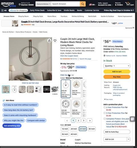 Cuspin 24 Inch Large Wall Clock, Modern Black Metal Clocks for Living Room